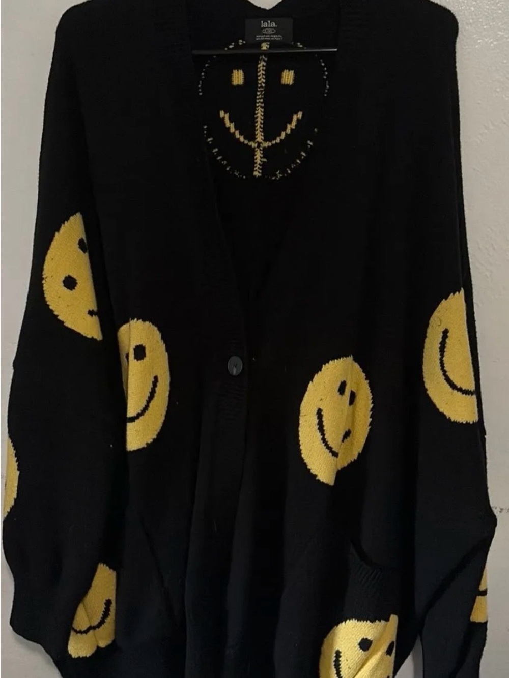 Dressed in LALA Black Cardigan Sweater with Yellow Smiley Faces